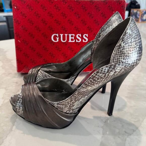 Guess Platform Snakeskin Peep Toe Locklyn Stiletto Heels Womens Size 8.5M Silver - Picture 4 of 9